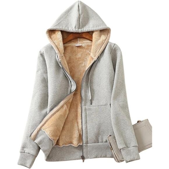 Jackets & Blazers - Women's Full Zip Up Sherpa Lined Hoodie Jacket Grey